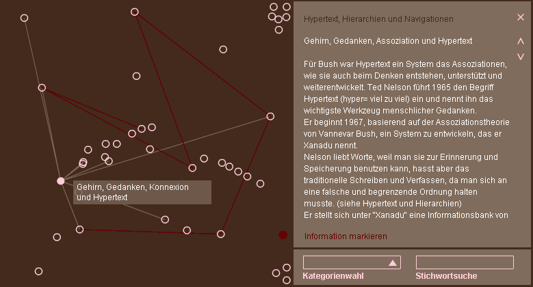 Screenshot des Prototyps: Der roten Faden kennzeichnet die bereits besuchten Informationsbausteine, die rosafarbenen Striche die inhaltlichen Verbindungen zwischen den einzelnen Informationen, rechts ist der Inhalt eines angeklickten Informationsbausteines zu sehen, sowie die Einstellungen fuer pers&ouml;nliche Kategorisierung der Informationen.